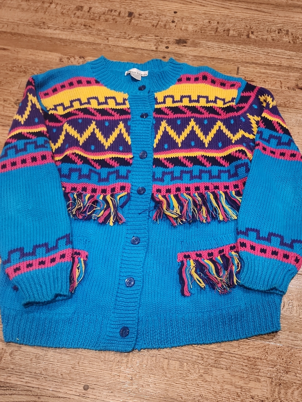 Bright Turquoise Multicolor Fringe Knit Cardigan Sweater